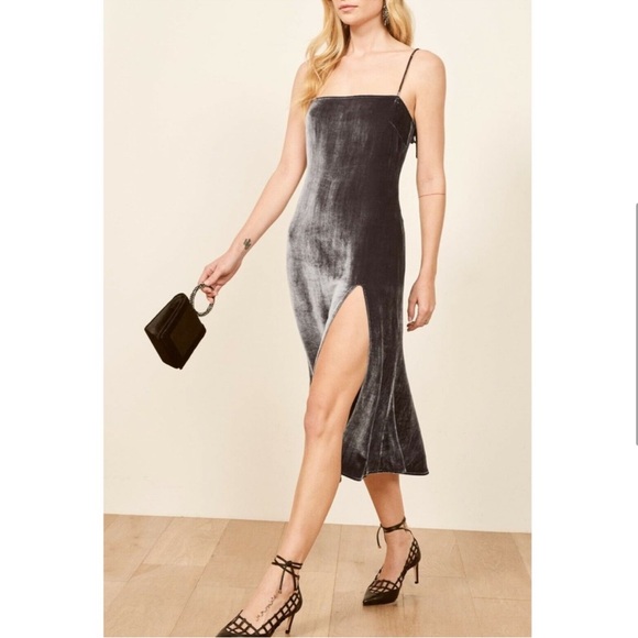 Reformation XS Ariana Dress Dark Gray Velvet Silk Blend High Slit Slip Velour - Picture 1 of 16
